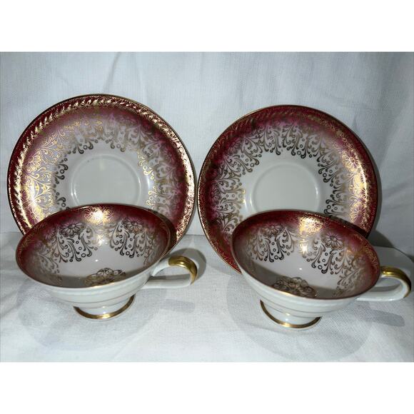 Bavaria Germany Pink Gold Floral Design Tea Cup & Saucer Set Of Two - Picture 1 of 11